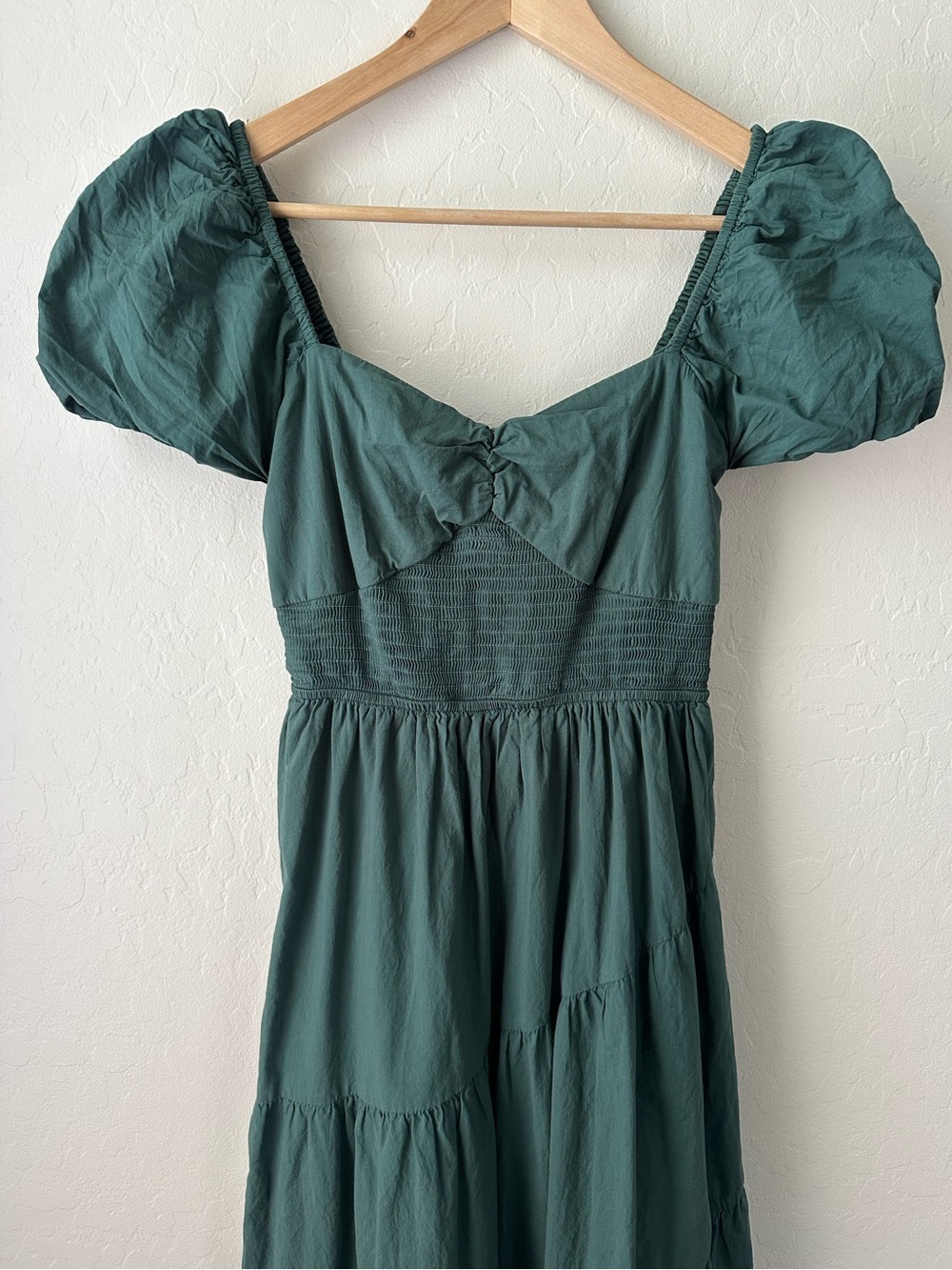 Bailey Blue Emerald Green Puff Sleeve Smocked Tiered Maxi Dress 100% Cotton M - Picture 3 of 6